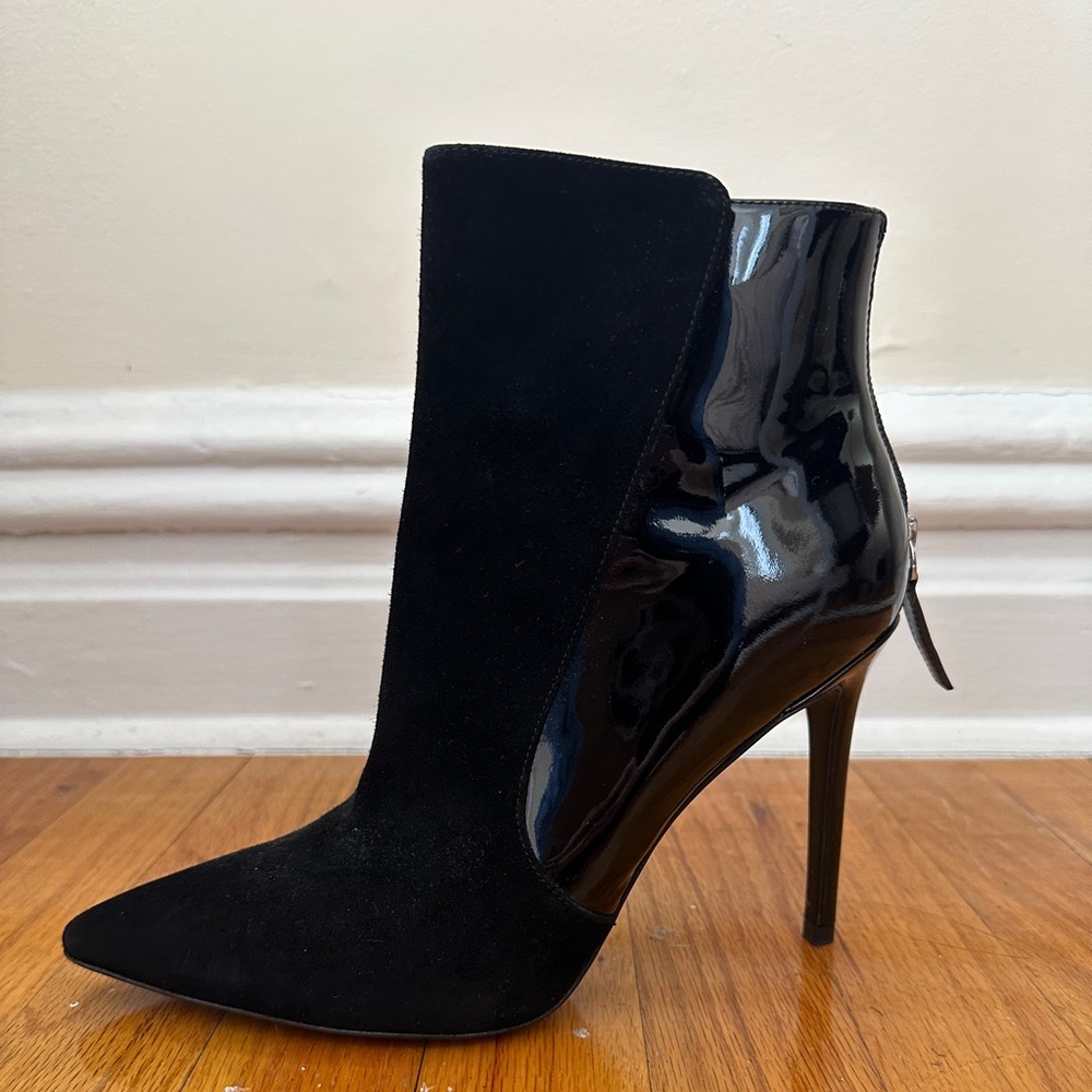 Veronica Beard Josie Black Suede and Patent Leather Heel Booties